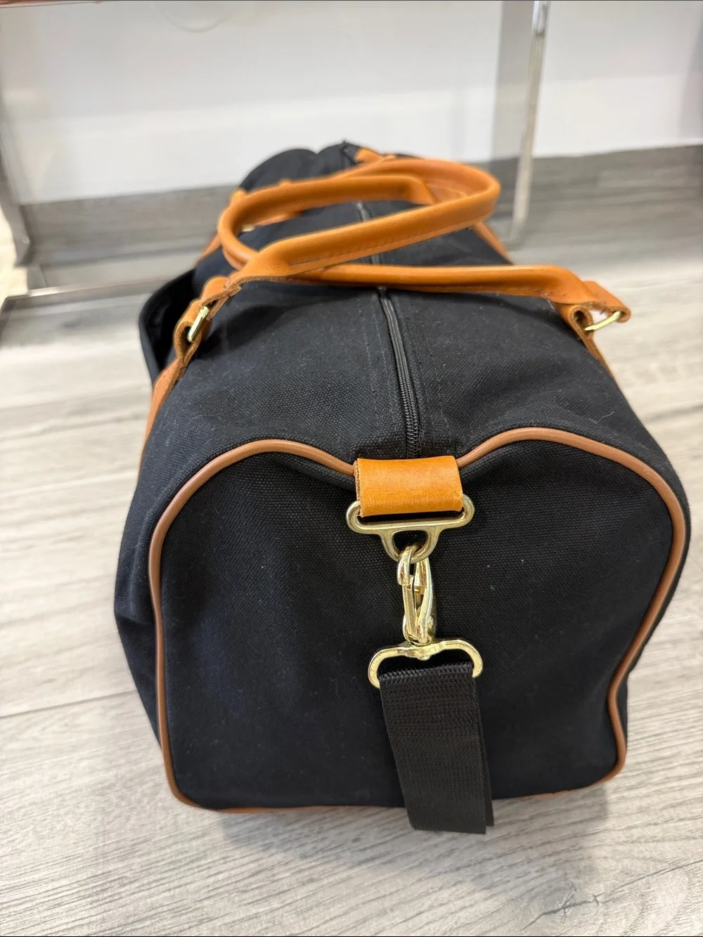 Classic Black Canvas Duffel with Tan Leather Trim